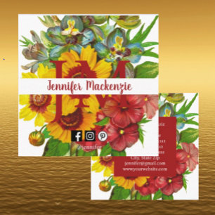 Cartão De Visita Quadrado Flores de Rosa Vintage Florais Girassóis Iniciais