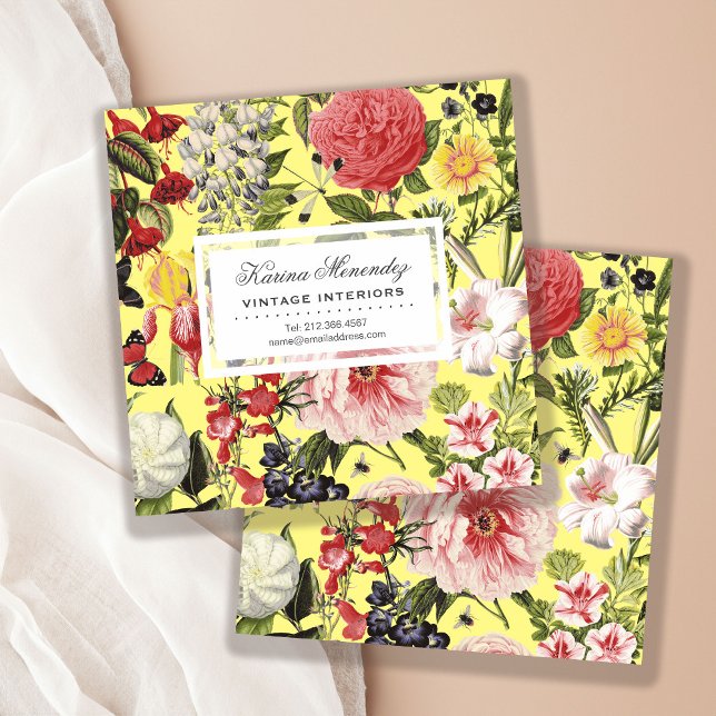 Cartão De Visita Quadrado Flores e Insetos Belos Jardins Florais (Shown square format with square corners.)