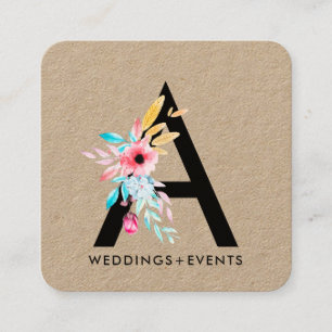 Cartão De Visita Quadrado Flores Elegantes, cor d'água, coroa floral