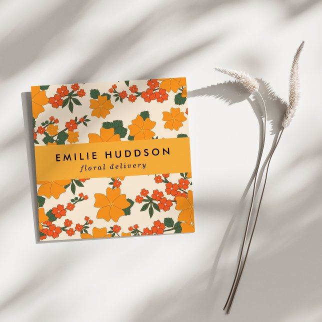 Cartão De Visita Quadrado Flores Laranja, Verde, Florista, Compro Flor (Criador carregado)