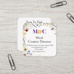 Cartão De Visita Quadrado Flores Silvestres Floral Botânico Aquarela, Folhag