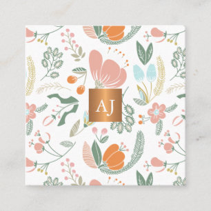 Cartão De Visita Quadrado Flores silvestres Pastel com monograma metálico d