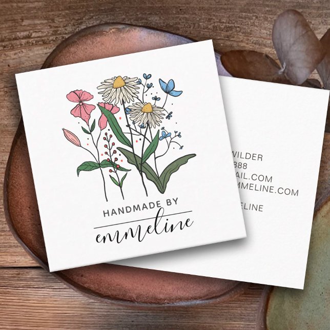 Cartão De Visita Quadrado Flores Whimsical Feitas À Mão Pelo Artesão (Criador carregado)