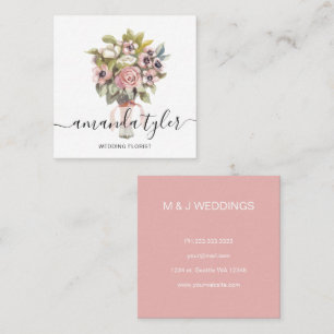 Cartão De Visita Quadrado Florista de Casamento Elegante Floral Aquarela
