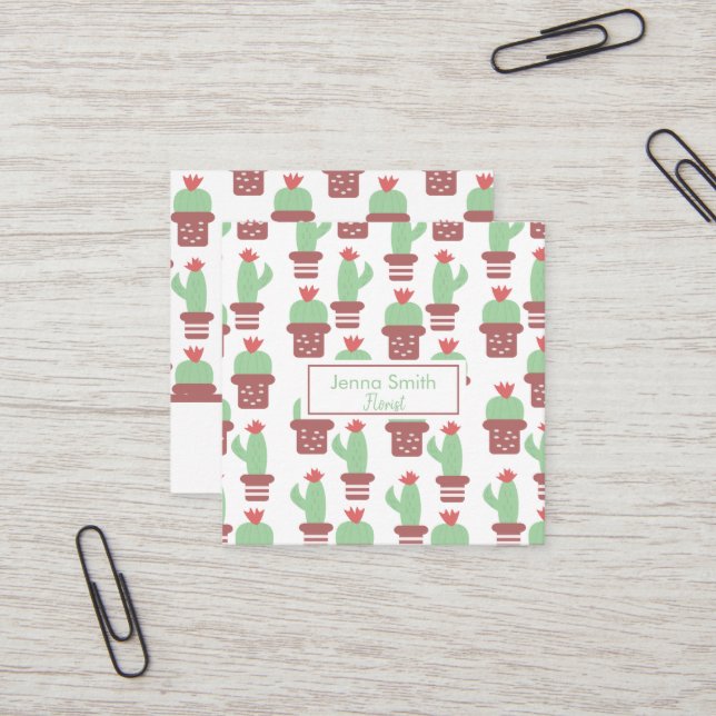 Cartão De Visita Quadrado Florista de Padrão de Cactos Suculentos do Cactus (Frente/Verso In Situ)
