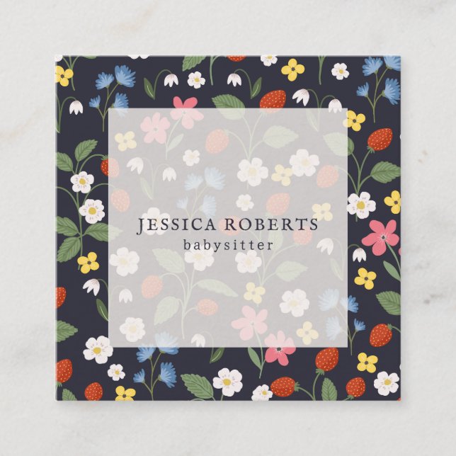 Cartão De Visita Quadrado Folha de marinho de Morango de Babysitter (Frente)