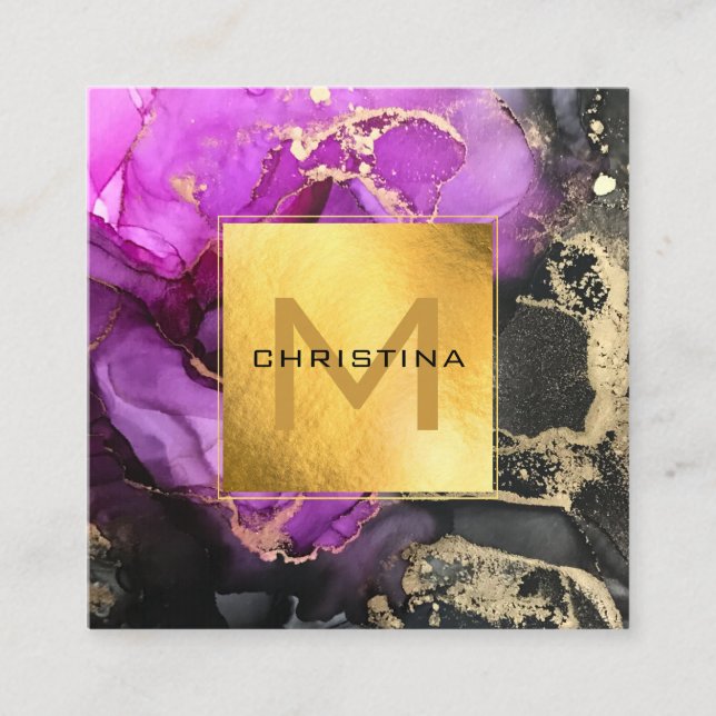 Cartão De Visita Quadrado Folha de Ouro Elegante, Preto e Roxo Eetéreo (Frente)
