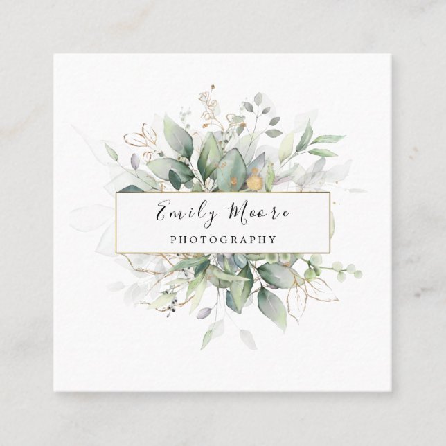 Cartão De Visita Quadrado Folhas De Aquarela E Dourada Folhagem Arte Verde (Frente)