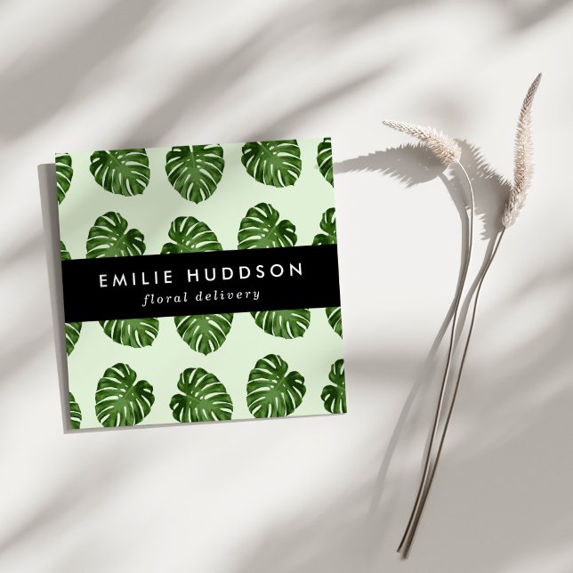 Cartão De Visita Quadrado Folhas de Palma, Folhas Verdes, Florificação, Comp (Criador carregado)