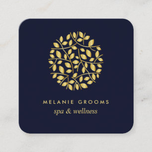 Cartão De Visita Quadrado Folhas Douradas Azul bem-estar spa massage yoga