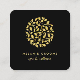 Cartão De Visita Quadrado Folhas Douradas  Pretas  bem-estar spa massage yog