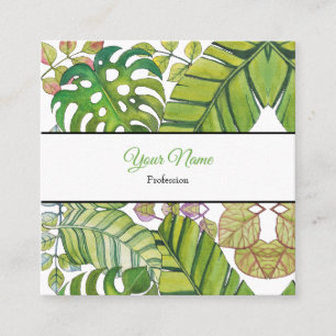 Cartão De Visita Quadrado Folhas Tropicais Bonitas Em Aquarela
