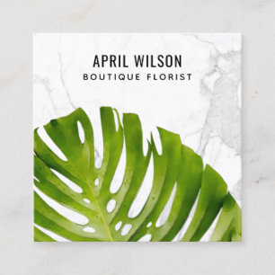 CARTÃO DE VISITA QUADRADO FOLIAGEM DE FOLHA VERDE MONSTERA MARBLE WATERCOLOR