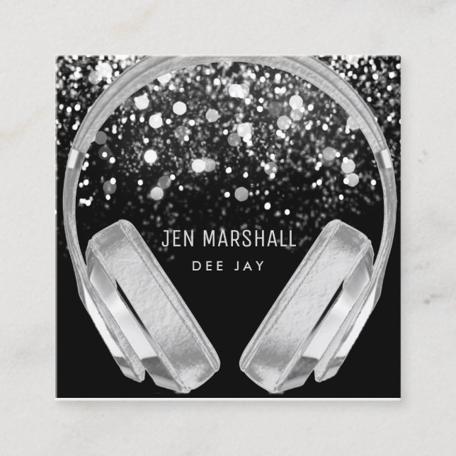 Cartão De Visita Quadrado Fones de ouvido de efeito de folha prateada DJ fau (Frente)