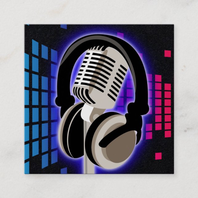 Cartão De Visita Quadrado Fones de ouvido de microfone brilhantes azul preto (Frente)