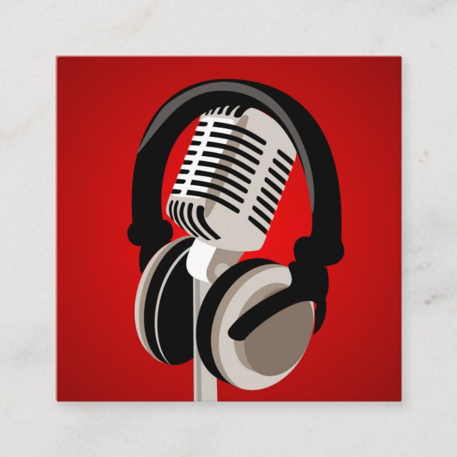 Cartão De Visita Quadrado Fones de ouvido de Microfone Podcast Vermelho (Frente)