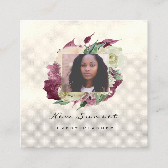 Cartão De Visita Quadrado Foto: Casamento Fotografia Marsala Mint Floral (Frente)