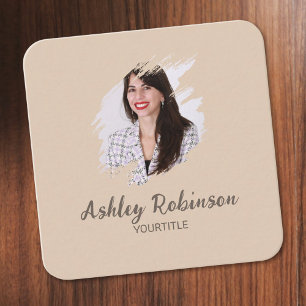 Cartão De Visita Quadrado Foto chic boho earthy pastel soft beige QR code