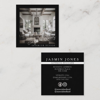 Cartão De Visita Quadrado Foto de Design de Interiores Preto e Branco Elegan