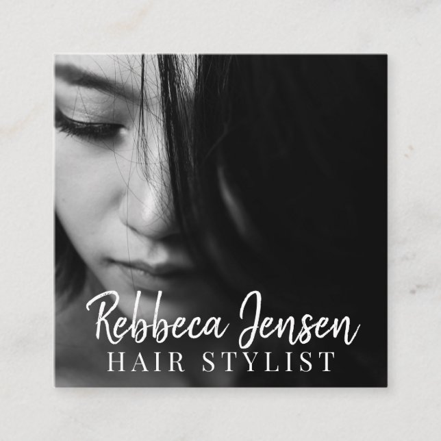 Cartão De Visita Quadrado Foto do cabeleireiro branco de moda branca (Frente)