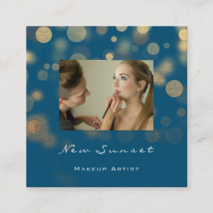 Cartão De Visita Quadrado Foto Linen Makeup Artist Professional Blue Dourado