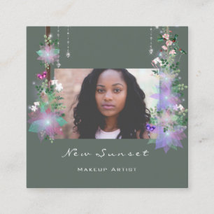 Cartão De Visita Quadrado Foto Makeup Artista Eyelash Green Brows Florals
