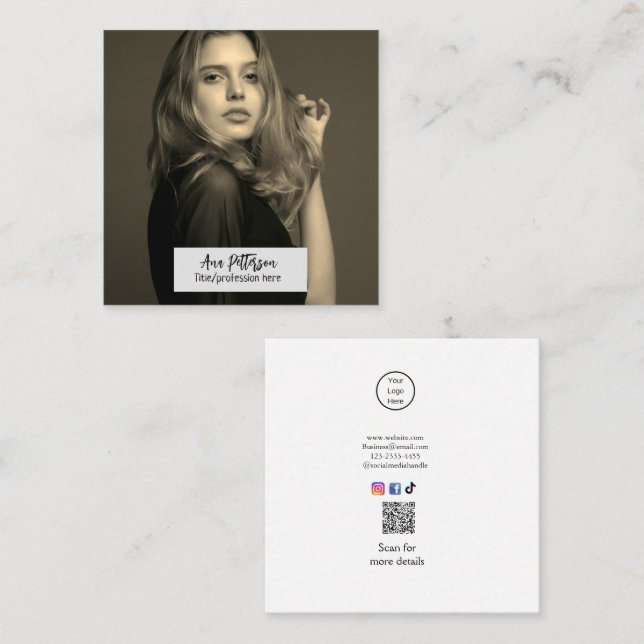 Cartão De Visita Quadrado foto profissional QR website email social moderno (Frente/Verso)