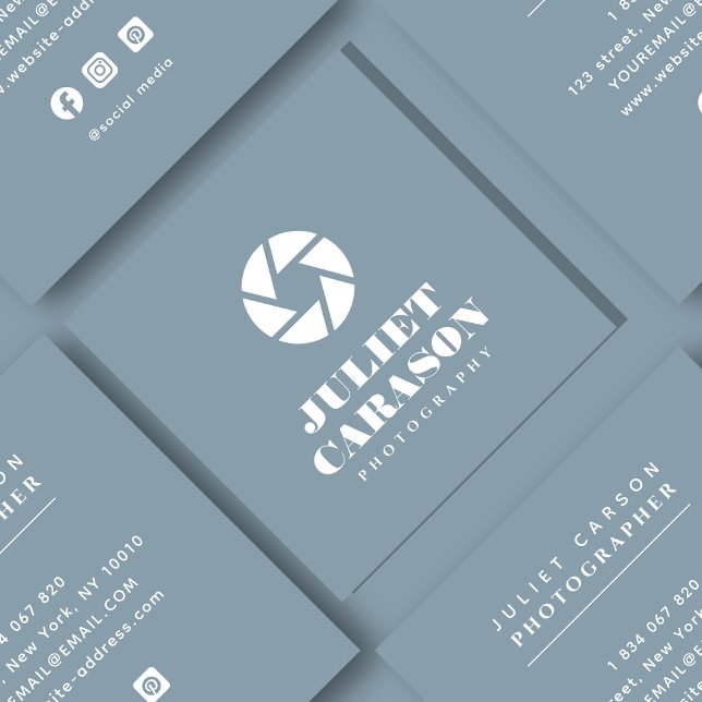 Cartão De Visita Quadrado Fotografia com Script Negrito Azul (Criador carregado)