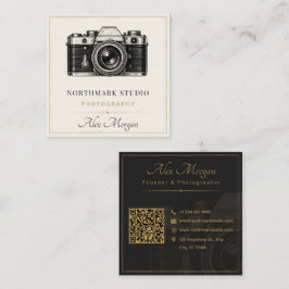 Cartão De Visita Quadrado Fotógrafo Vintage | Código QR de Câmera Dourada de