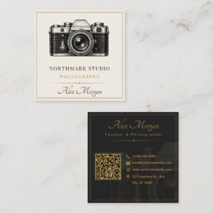Cartão De Visita Quadrado Fotógrafo Vintage Código QR de Câmera Dourada de