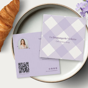 Cartão De Visita Quadrado Fotomontagem Código QR Xadrez Padaria Roxo Retrô