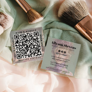 Cartão De Visita Quadrado Fotos de Cabelo e Maquiagem com QR Code Moderno e
