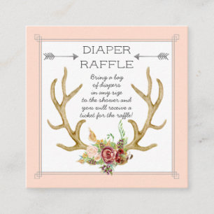 Cartão De Visita Quadrado Fralda Raffle Ticket Boho Deer Antlers Blush Rosas
