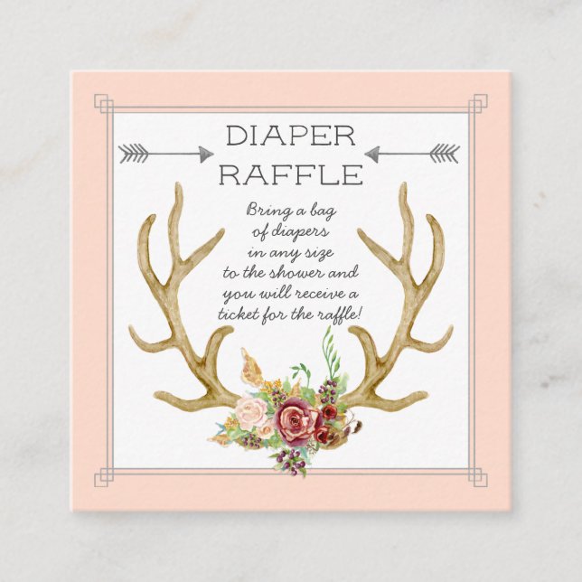 Cartão De Visita Quadrado Fralda Raffle Ticket Boho Deer Antlers Blush Rosas (Frente)