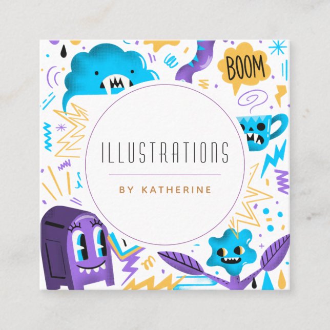Cartão De Visita Quadrado Funny Quirky Pattern Graphic Designer Illustrator (Frente)