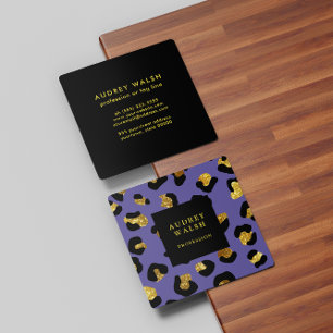 Cartão De Visita Quadrado Garota Glittery Dourada Púrpura Leopardo Impress