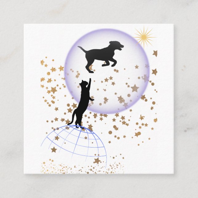 Cartão De Visita Quadrado Gato curioso e cão correndo (Frente)