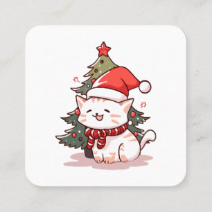 Cartão De Visita Quadrado Gato fofo vestindo chapéu de Papai Noel perto da á