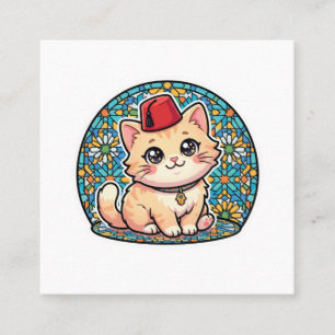 Cartão De Visita Quadrado Gato Marroquino Kawaii Fofo com Adesivo Tarboush V