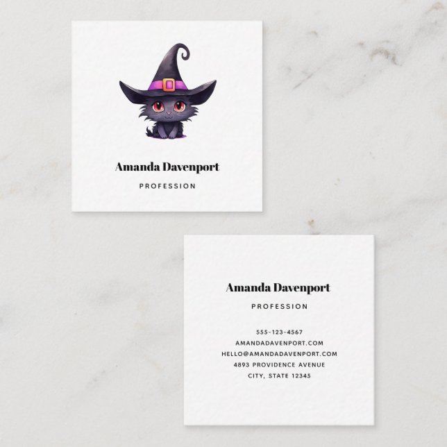 Cartão De Visita Quadrado Gato preto bonito Vestindo chapéu de bruxa (Frente/Verso)