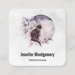 Cartão De Visita Quadrado Gato Preto em Frente a Lua Completa Mágica