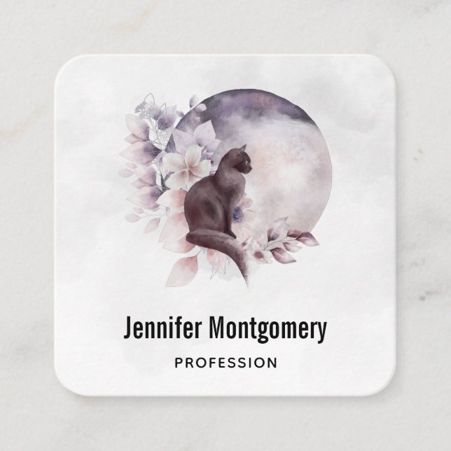 Cartão De Visita Quadrado Gato Preto em Frente a Lua Completa Mágica (Frente)