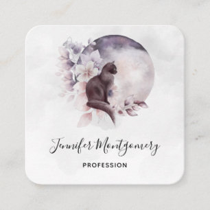 Cartão De Visita Quadrado Gato Preto em Frente a Lua Completa Mágica