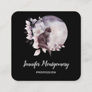 Cartão De Visita Quadrado Gato Preto em Frente a Lua Completa Mágica