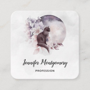 Cartão De Visita Quadrado Gato Preto em Frente a Lua Completa Mágica