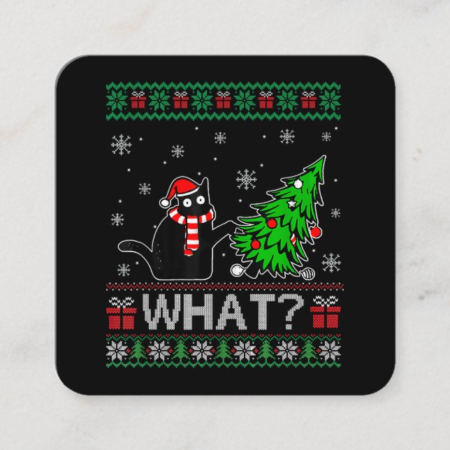 Cartão De Visita Quadrado Gato Que Gato Negro Engraçado Puxando Árvore De Na (Frente)