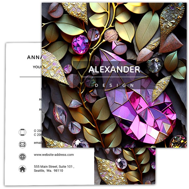 Cartão De Visita Quadrado Gemstones Cristais Iridescentes, Rosa,Fuchsia,Dour (Criador carregado)