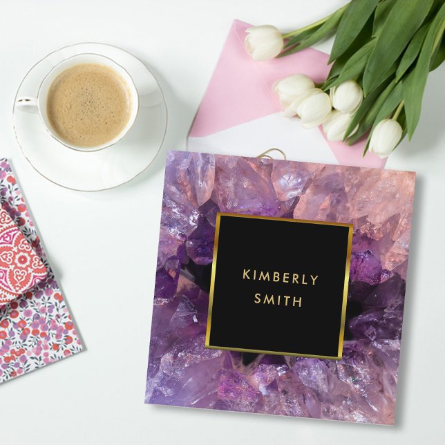 Cartão De Visita Quadrado Geodo de pedra preciosa roxa Dourada (Modern purple amethyst gold black elegant professional square business card.)