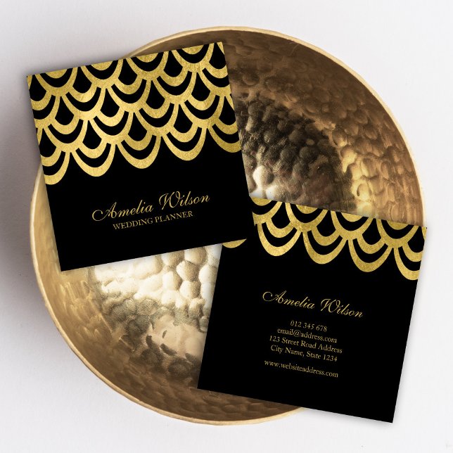 Cartão De Visita Quadrado Geométrico Preto do Planejador de Eventos Elegante (Criador carregado)