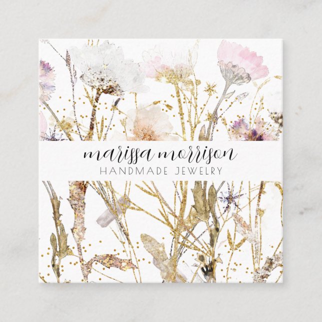 Cartão De Visita Quadrado Gewelry Wildflower Rosa Dourado (Frente)